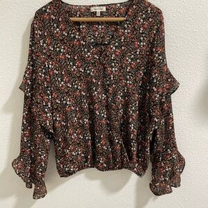 Floral Black Blouse with Ruffle Sleeves